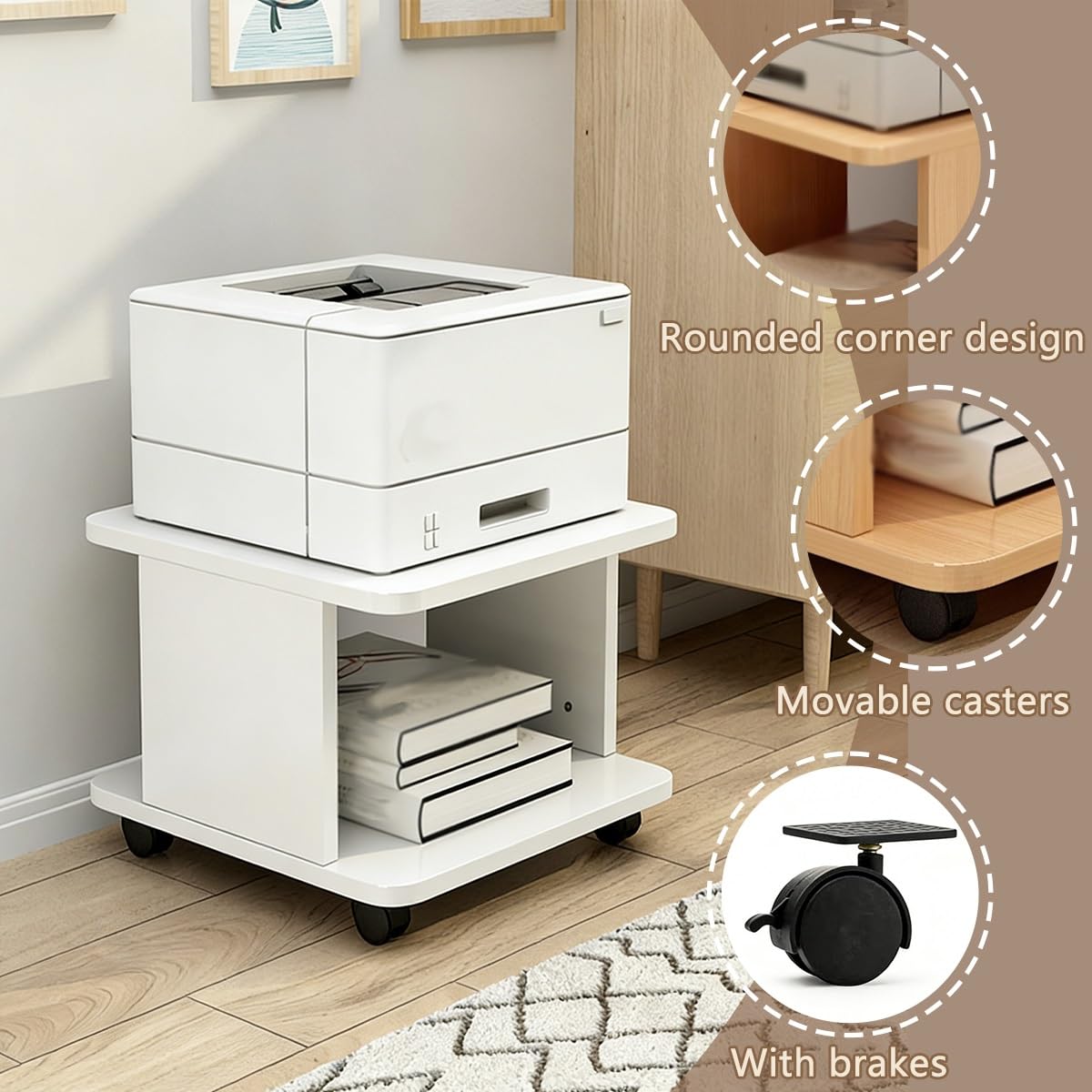 Soporte para impresora debajo del escritorio con gabinete de impresora Der & Shelf le con ruedas con freno para fax, impresora 3D, escáner, fácil montaje (blanco, 15.7 x 15.7 pulgadas)