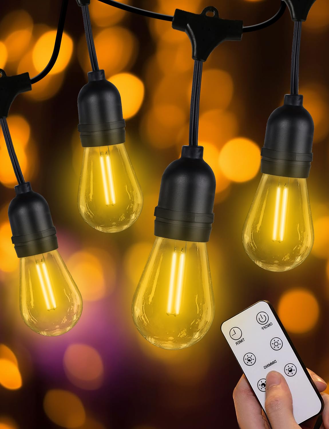 SUITRILA Dimmable LED Outdoor String Lights with Remote Dimmer,15+(1) Shatterproof S14 Edison Bulbs,52Ft/15M IP65 Waterproof 4 Brightness Hanging Patio String Lights, for Porch Cafe Backyard Bistro