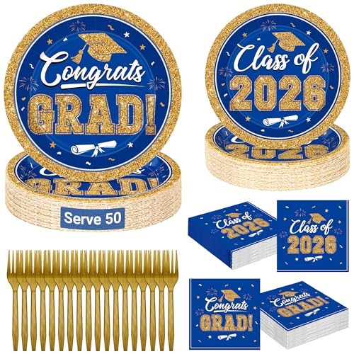 Image of QZYL Graduation Party Supplies Set for 50 Guests, Blue and Gold Graduation Plates and Napkins 2026, 200Pcs Disposable Grad Plates, Napkins, Dessert Plates and Forks for 2026 Grad Ceremony