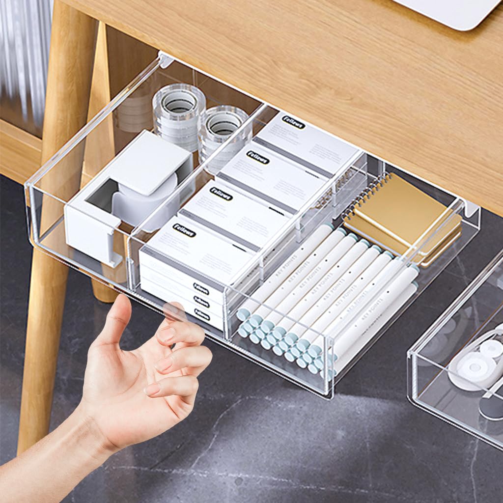 OFIFO® Pull-Out Under Desk Drawer Organizer - Hidden Sliding Storage Box with Adhesive No-Drill Installation, Makeup, Tools & Office Supplies, Compatible with 9.2x12.7x3 Inch Spaces