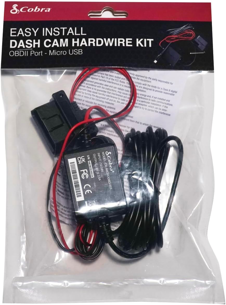 Cobra 2.5A DIY Hardwire Kit Designed for Cobra and Drive HD Products: OBDII Port to Micro-USB, 15ft Cable, Intelligent Power Management, Enables Parking Mode and Motion Detection Feature