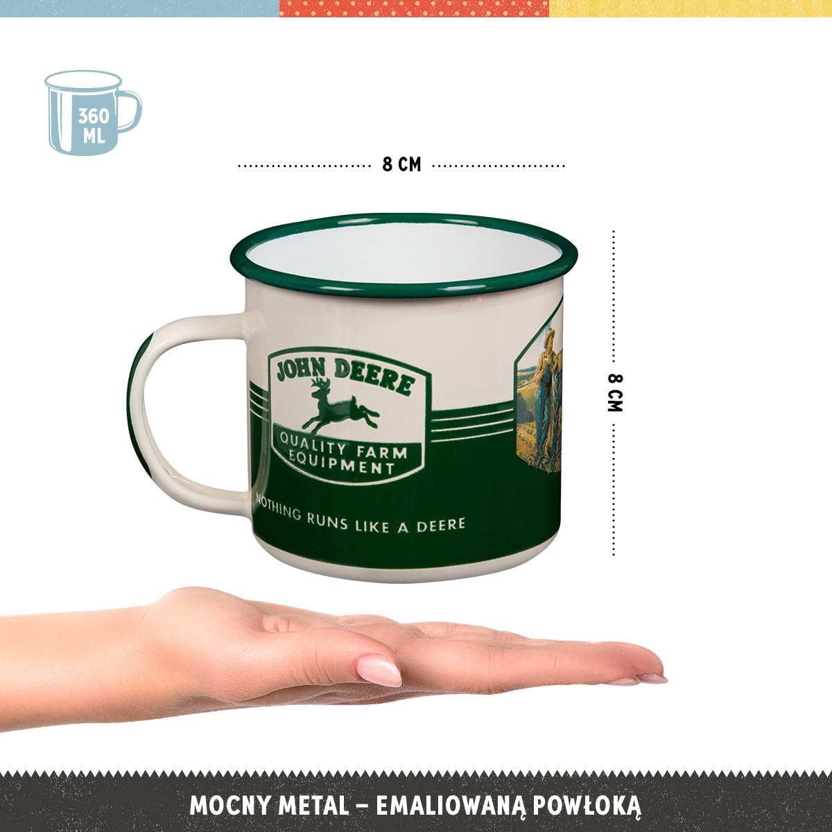 Nostalgic-Art Retro kubek emaliowany, 360 ml, John Deere – Quality Farm Equipment – Pomysł na prezent dla miłośników traktorów, Official License Product (OLP), kubek kempingowy na kawę, Styl vintage