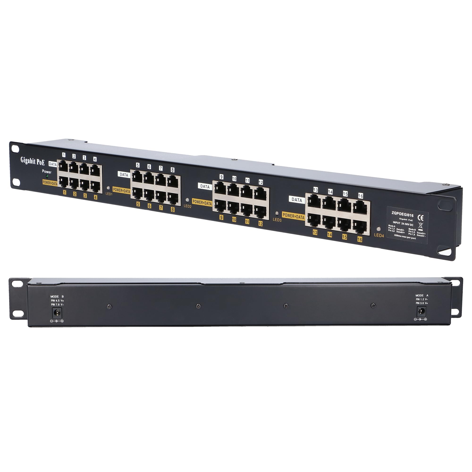 Extralink PoE Injector 16 porte Gigabit, incluso cavo, Fast Ethernet, protezione da cortocircuito e sovratensione, due porte RJ-45, adattatore PoE, iniettore PoE