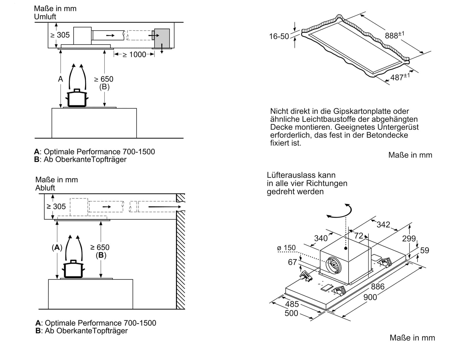 Bosch DRC97AQ50 Serie 6 Smarte Deckenlüftung, 90 cm breit, Um- & Abluft, Made in Germany, EcoSilence Drive leiser und effizienter Motor, LED-Beleuchtung gleichmäßige Ausleuchtung, Fernbedienung
