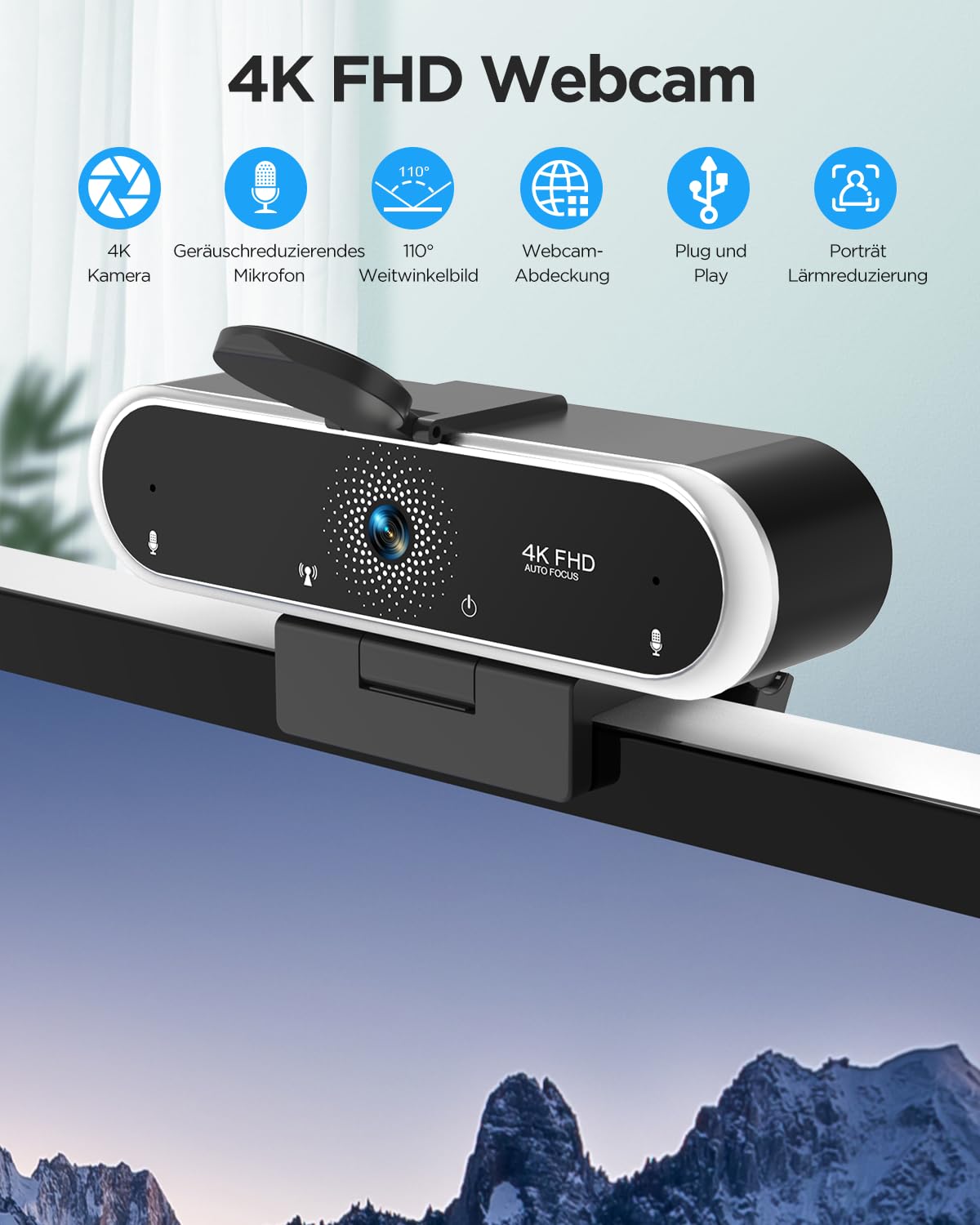 NIVEOLI Webcam 4K con microfono e copertura webcam, treppiede, desktop, per streaming live videochiamata, conferenza, lezioni online, gioco plug & play con correzione automatica della luce per