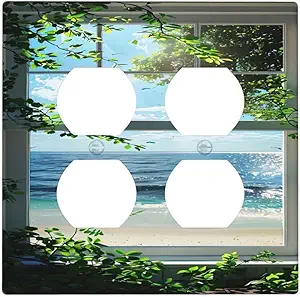 Decorative Outlet Covers Window Beach Seascape View Green Leaves 2 Gang Wall Plate Cover Double Duplex Receptacle Two Switch Light Switch Cover Plate Jumbo Dual Faceplate