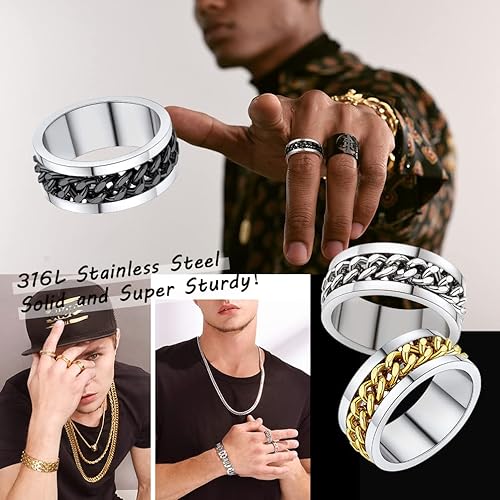 Miniatura 5 de PROSTEEL Anillo giratorio para hombre, anillos para ansiedad, cadena de eslabones cubanos giratoria de 0.315 in, anillo grueso, tamaño 6-14, grabado