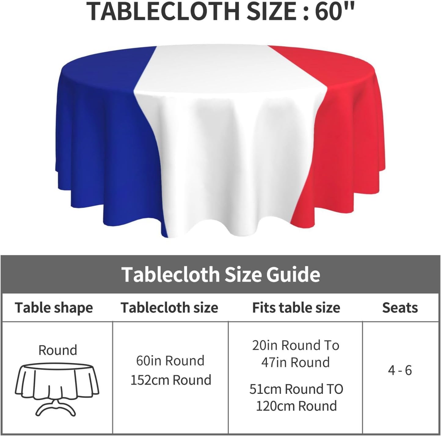 French Flag Print Wrinkle Free Dining Table Cover for Birthday Party Farmhouse Tablecloths Up to 60 x 60 Inches