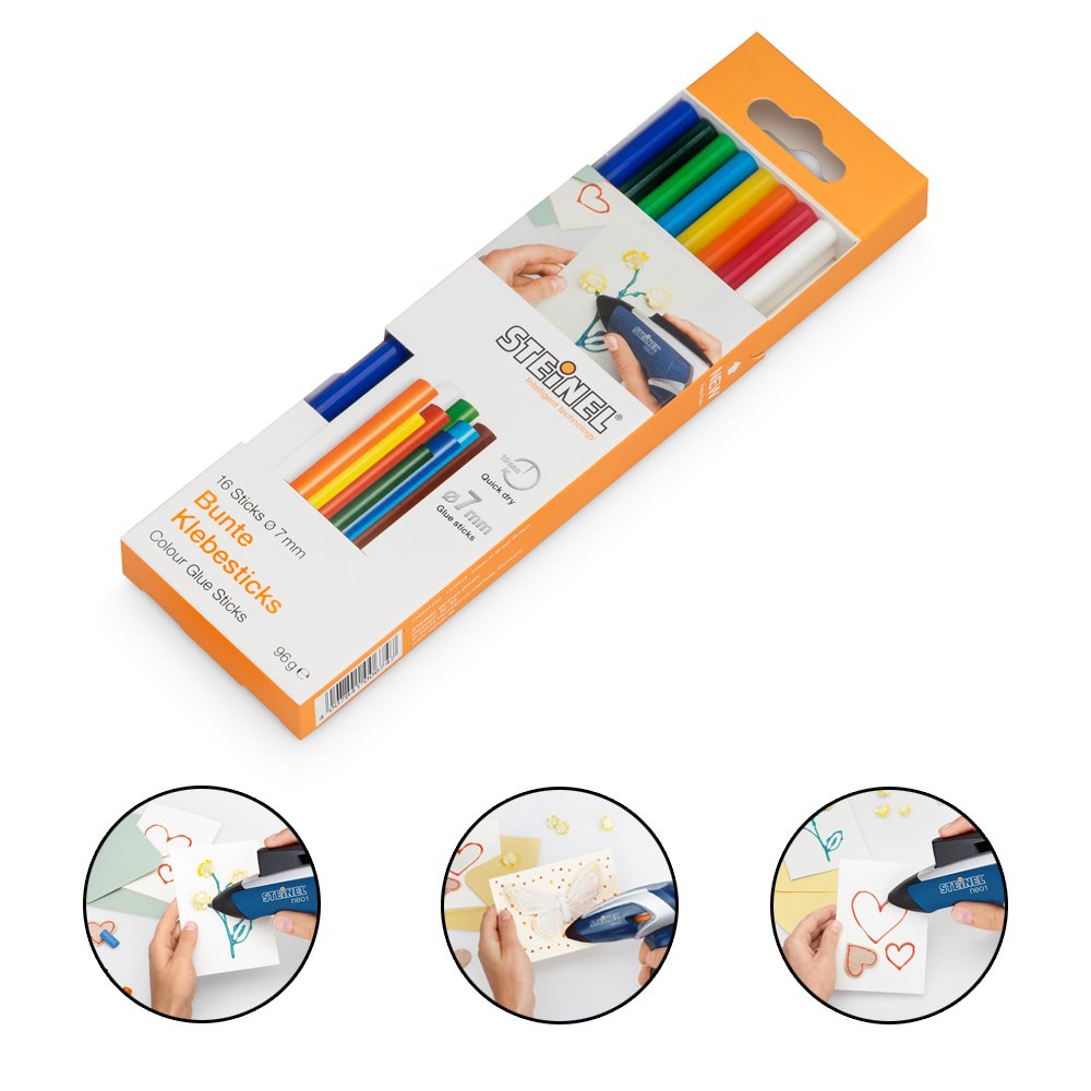 Steinel Stick di colla Colour con diametro di 7 mm, cartucce di colla a caldo lunghe 150 mm, collante universale colorato per diversi materiali, confezione da 96 g, 16 pezzi, 006969