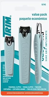 TRIM Easy Hold 3-Piece Nail Clipper Set: Fingernail & Toenail Clippers + Slant Tip Tweezers - Non-Slip Grip