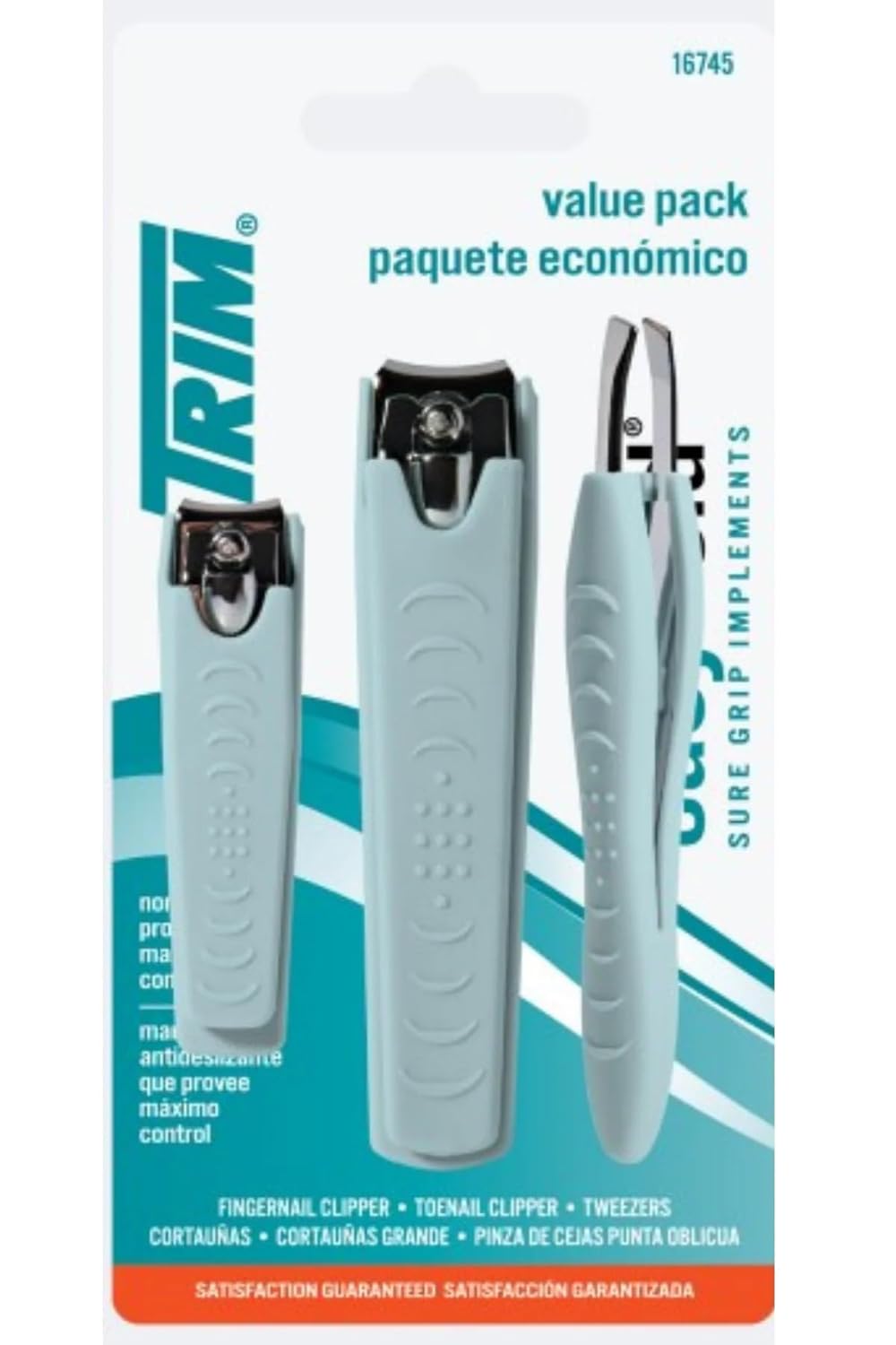 TRIM Easy Hold 3-Piece Nail Clipper Set: Fingernail & Toenail Clippers + Slant Tip Tweezers - Non-Slip Grip