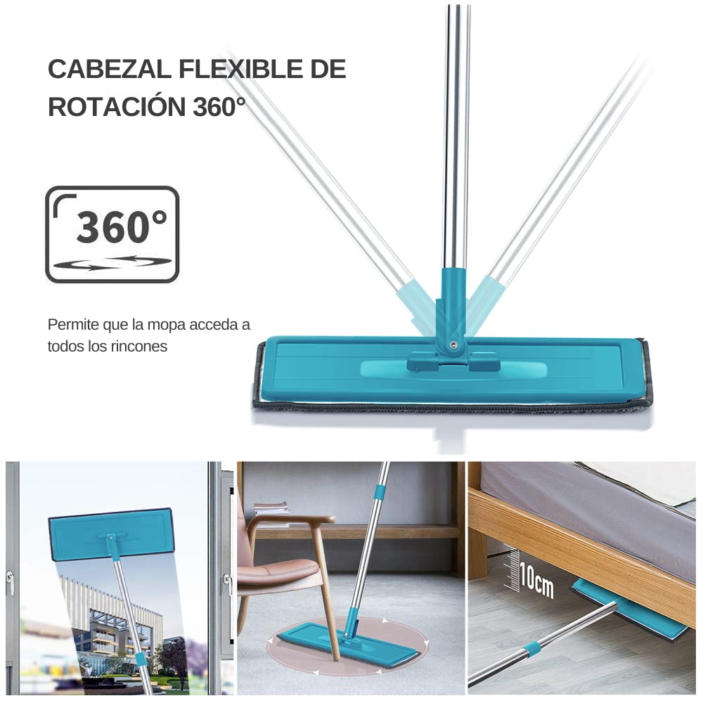 Mopa para Limpiar Azulejos Paredes Suelos Fregona Mopa con Cubo Escurridor Fregona Plana Cubo con 6 Almohadillas Autoescurrible Madera Parquet Ventanas Mop Bucket Gamuza Trapeadora