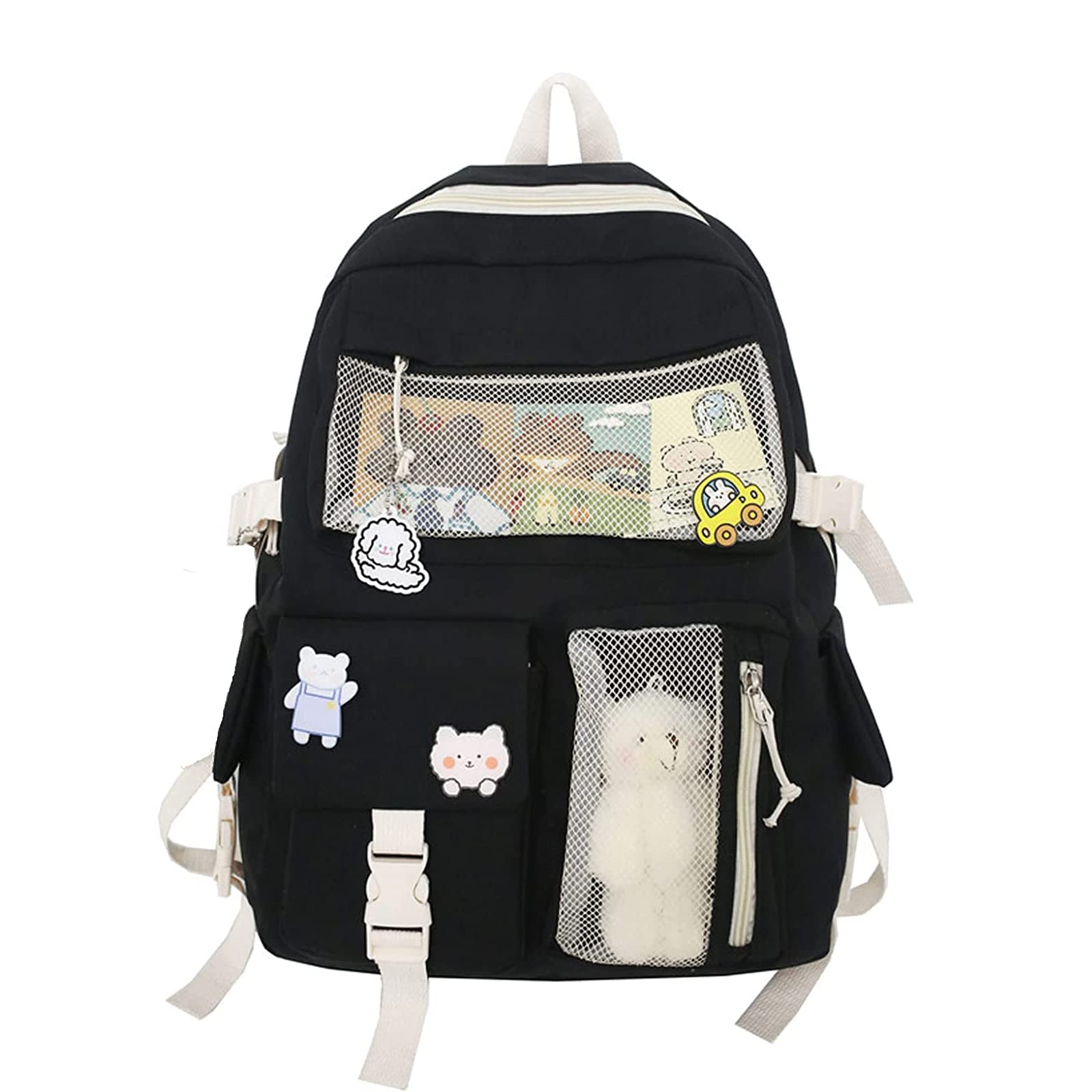 Eagerrich Cute Backpack with Cute Pin Accessories Plush Pendant for School Bag Student Girl Backpack Super-Capacity Waterproof Travel Backpack(Black)