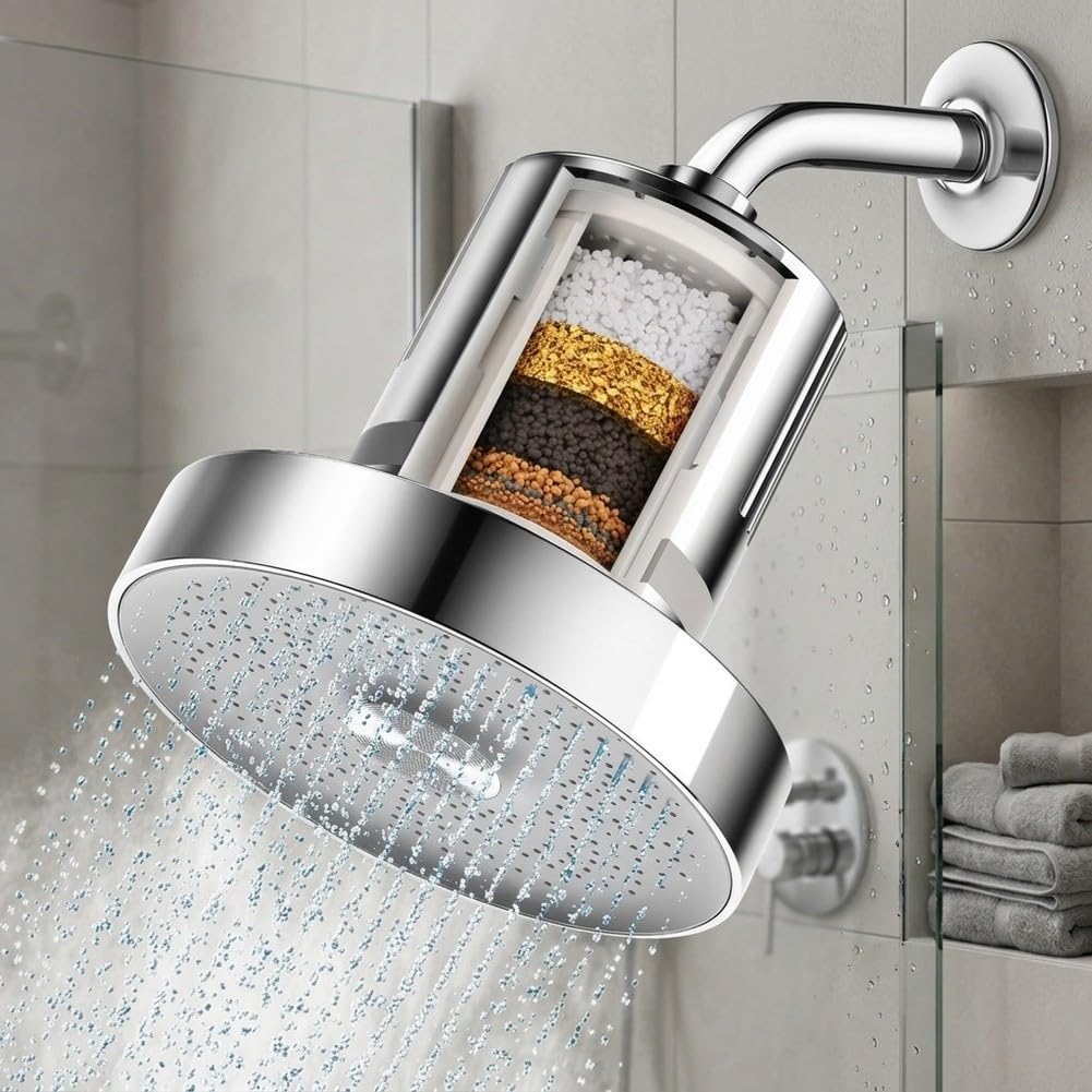 Cabezal para ducha Alta Presión con para filtro 6 Modos Ahorro Agua(Black)