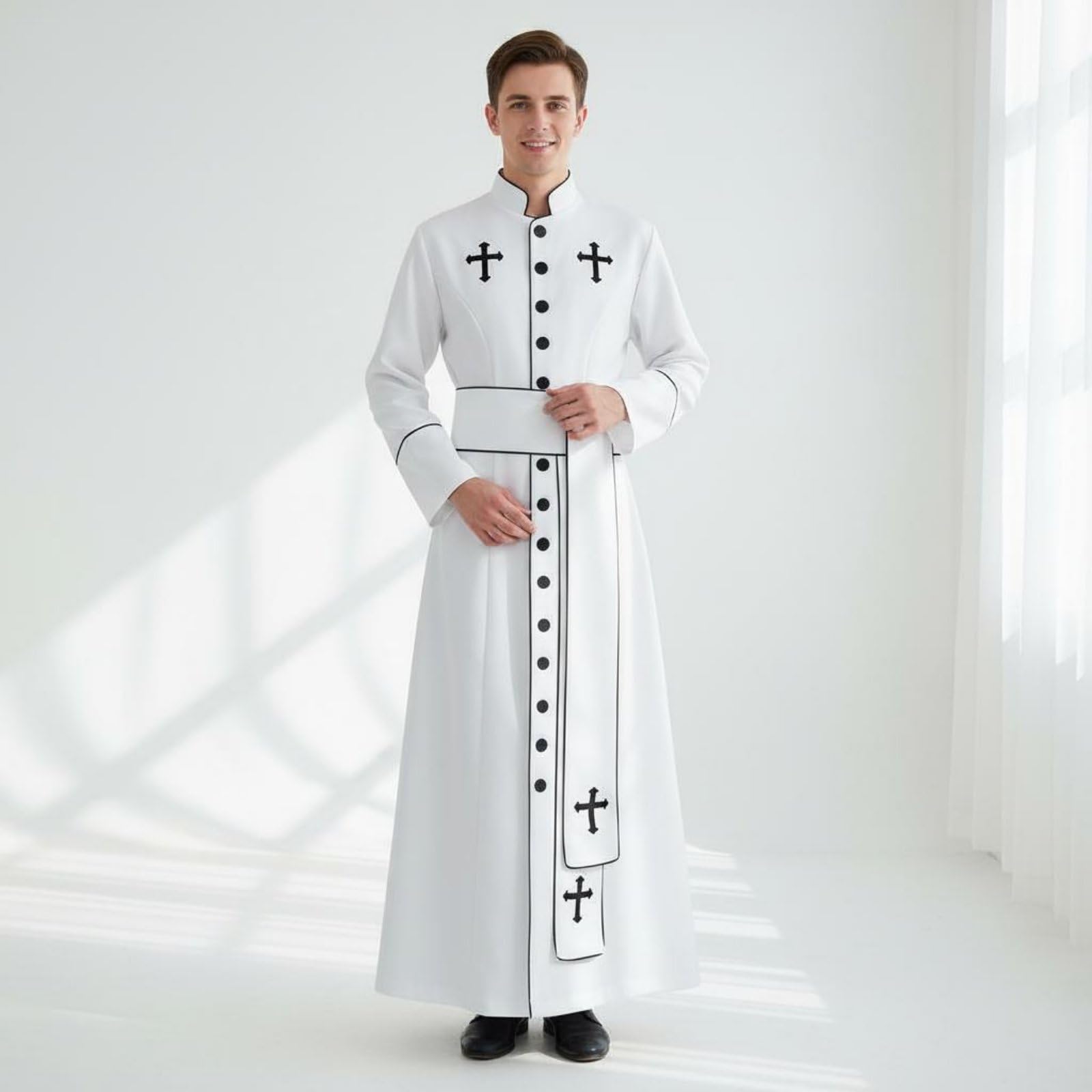 Abito Sacerdotale Tunica Lunga con Croce Stampata Cintura Abbinata Maniche Ampie Tessuto Confortevole E Resistente Adatto per Uomini E Donne Raduni, Nero, L