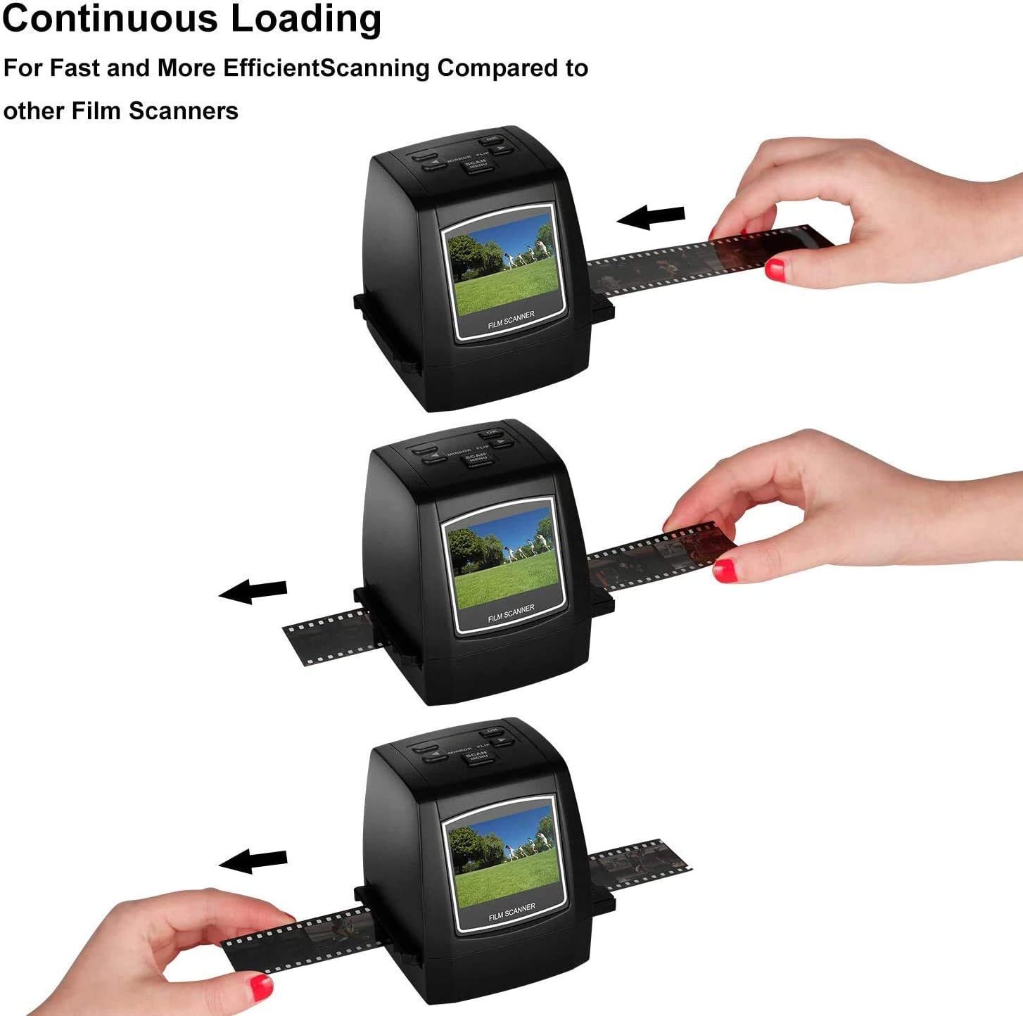 Hands demonstrating continuous loading of 35mm film strips into the Jumbl Film Scanner for efficient scanning.