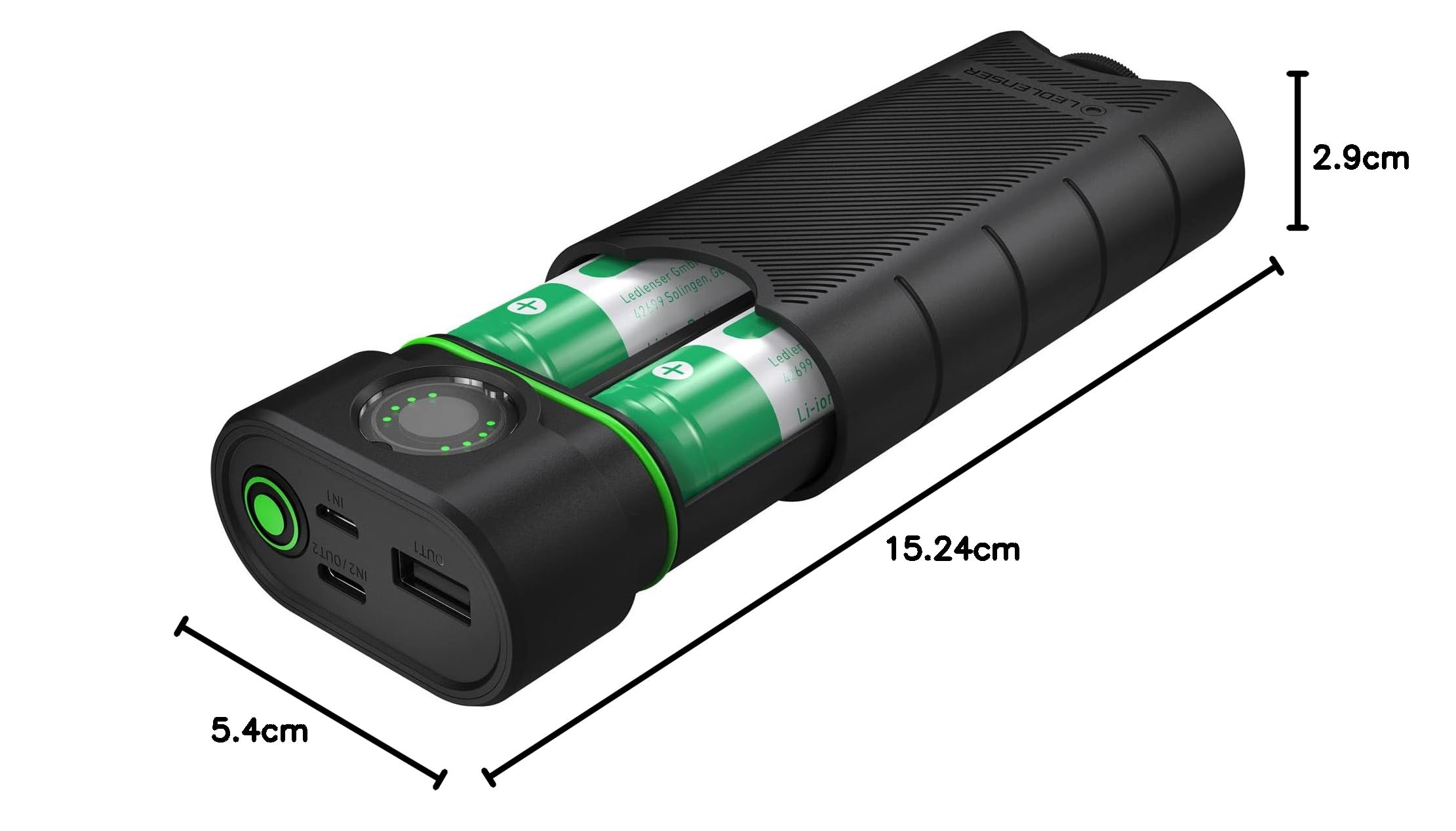 Ledlenser FLEX10 Powerbank & 9000-mAh-Ladegerät, USB-C-EIN-/Ausgang | Maße: 12 x 5,4 cm, 235g, 2 herausnehmbare Akkus, Kurzschlussschutz, Sparmodus, wasserdicht nach IP65