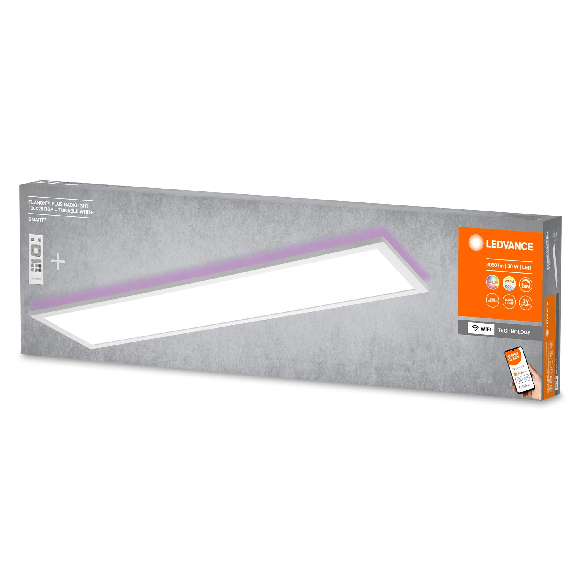 LEDVANCE Plafoniera WiFi bianca, 30W, 1900LM, 3000-6500K, 100x25 cm, lampada da parete dimmerabile, tecnologia RGB, Smart+ Planon, controllabile tramite app o assistenti vocali come Alexa o Google