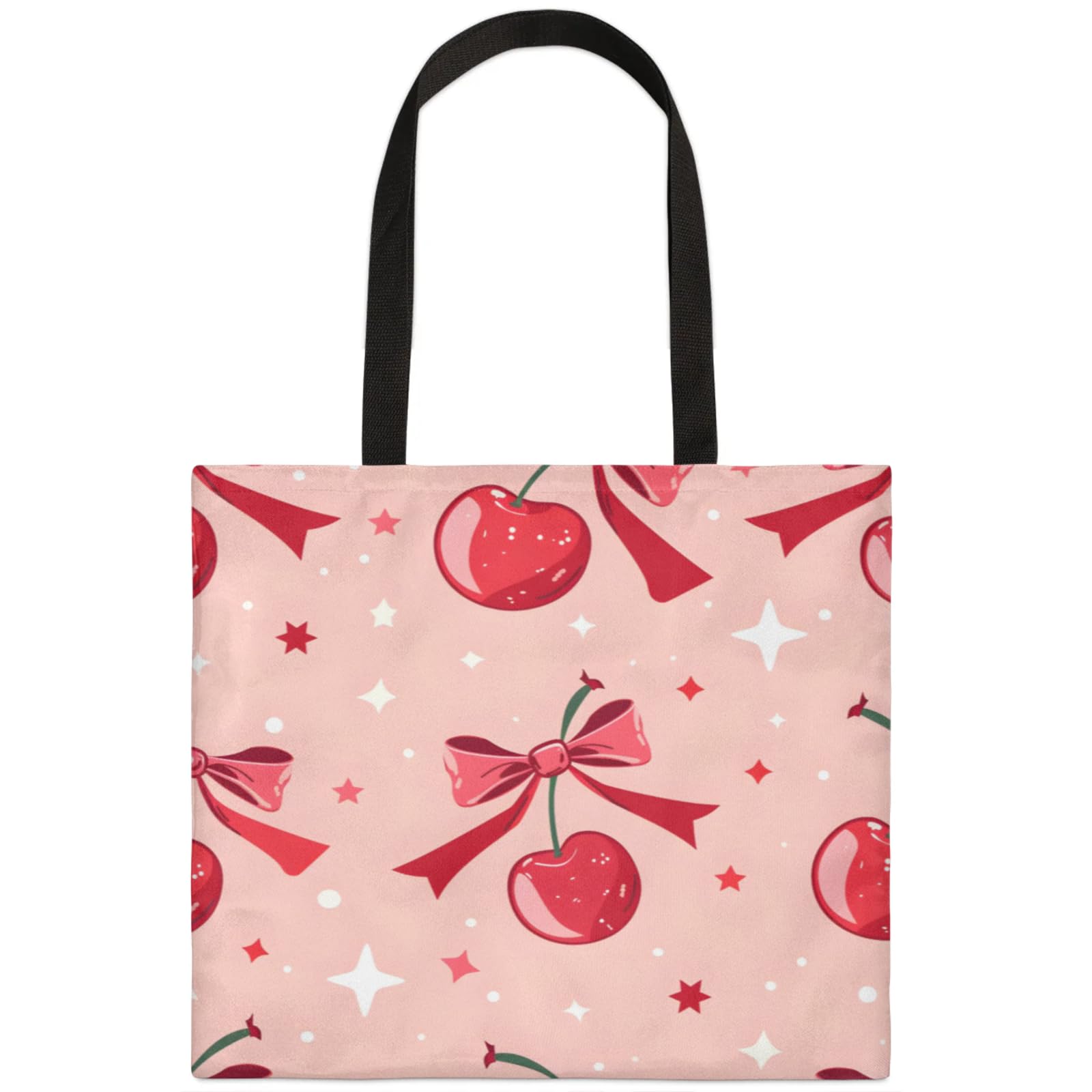 Mularoka Stars Cherries Square Canvas Tote Bag Top Handle Purses Stylish Women Canvas Shoulder Tote Bags Reusable Handbags for Work Travel Picnic Beach Shopping Gym Hiking