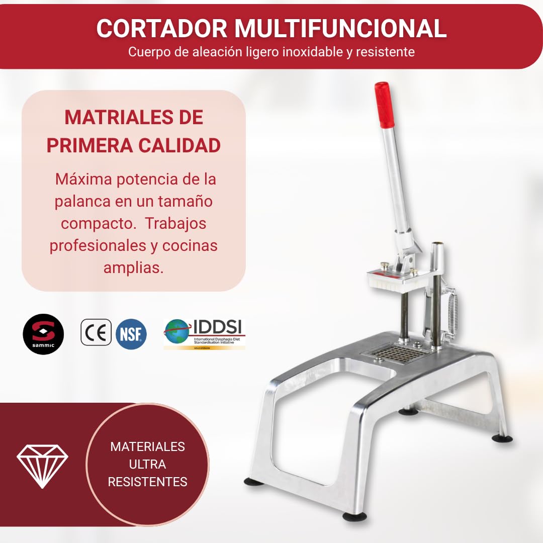 YOMMAK Cortador Manual de Patatas Industrial Profesional Multifuncional Mandolina de Cocina de aluminio anonizado, Picadora Manual Hostelería, Se Suministra con el Corte de 10 * 10