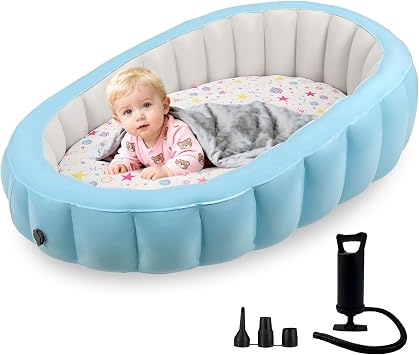 Inflatable Toddler Bed with Removable Cotton Cover, Portable Toddler Travel Air Mattress for Kids, Soft & Washable Floor Mattress for Camping, Car Trips, Home & Flying Includes Hand Pump