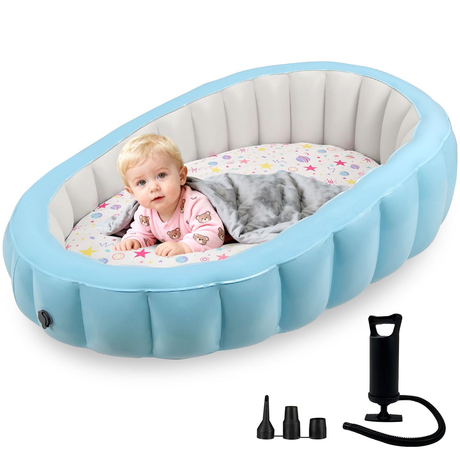 Photo 1 of Toddler Inflatable Travel Bed with Removable Air Mattress & Cotton Cover, Portable Kids Air Bed with Raised Rails, Thick PVC Frame, Dual Safety Valves, Manual Pump Included (Ages 1–8)