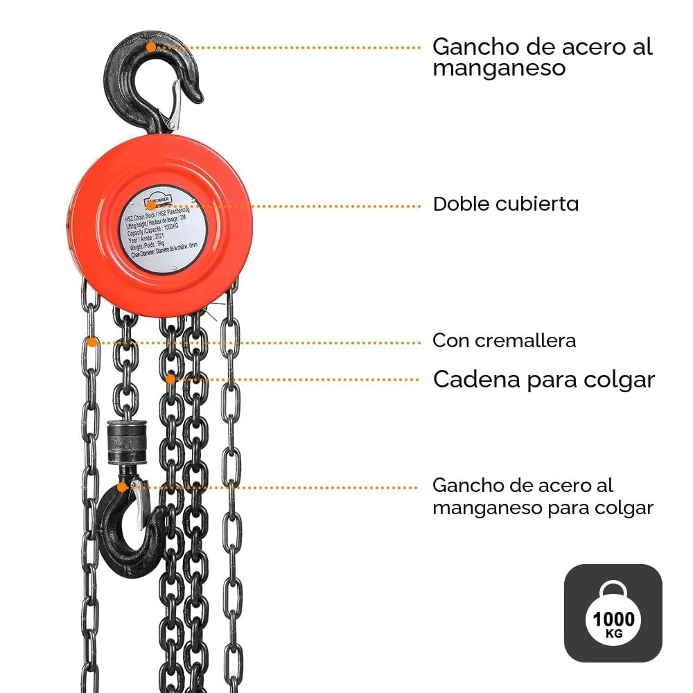 Polipasto Manual de Cadena DEWINNER Con Gancho Resistente, Polipasto Con Cadena de 1000kg, 3,0 m de Elevación Máxima, Rojo