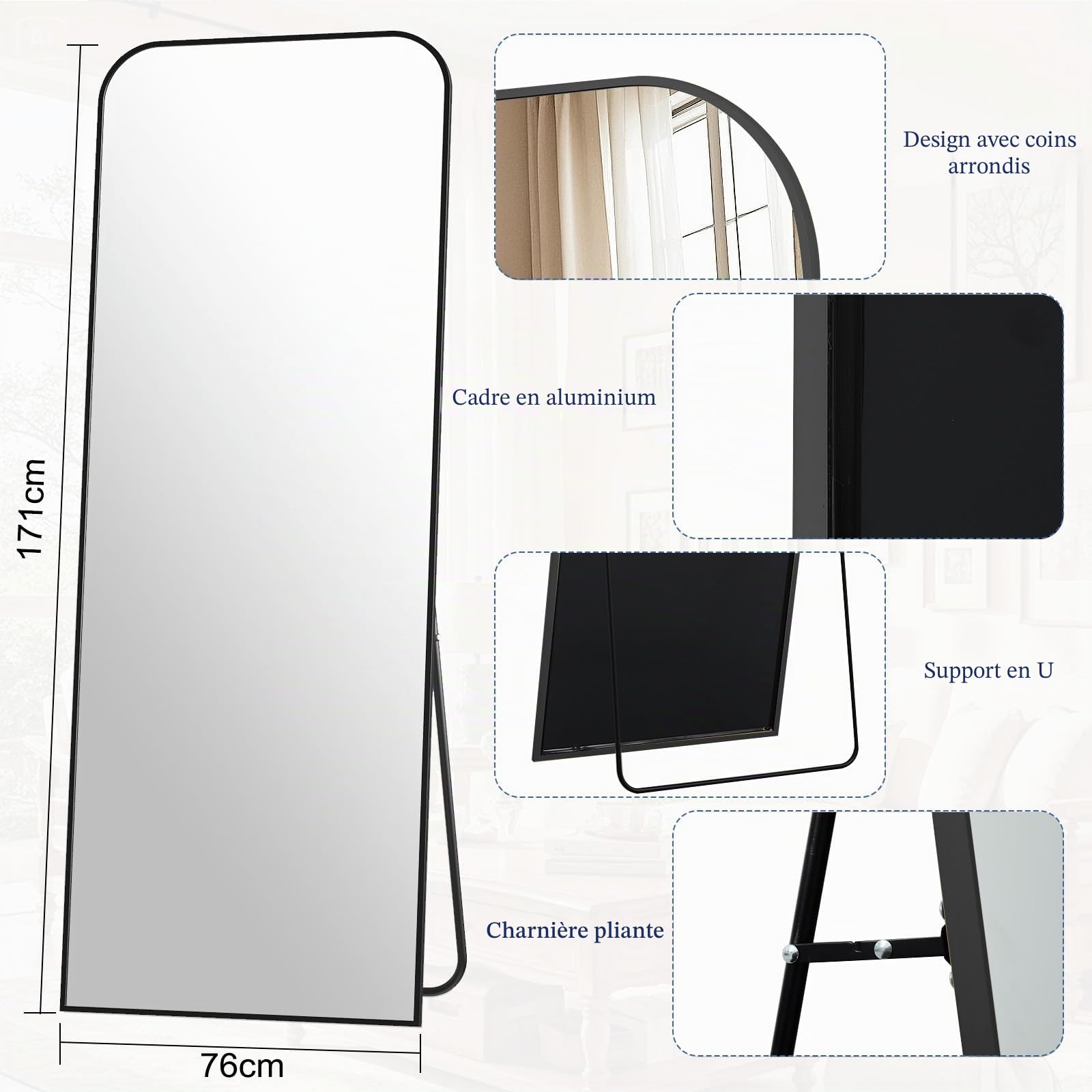 Koonmi Miroir sur pied avec coins incurvés 76 x 171 cm, miroir pleine longueur, incassable, moderne, merveilleux pour salon, chambre, couloir, noir