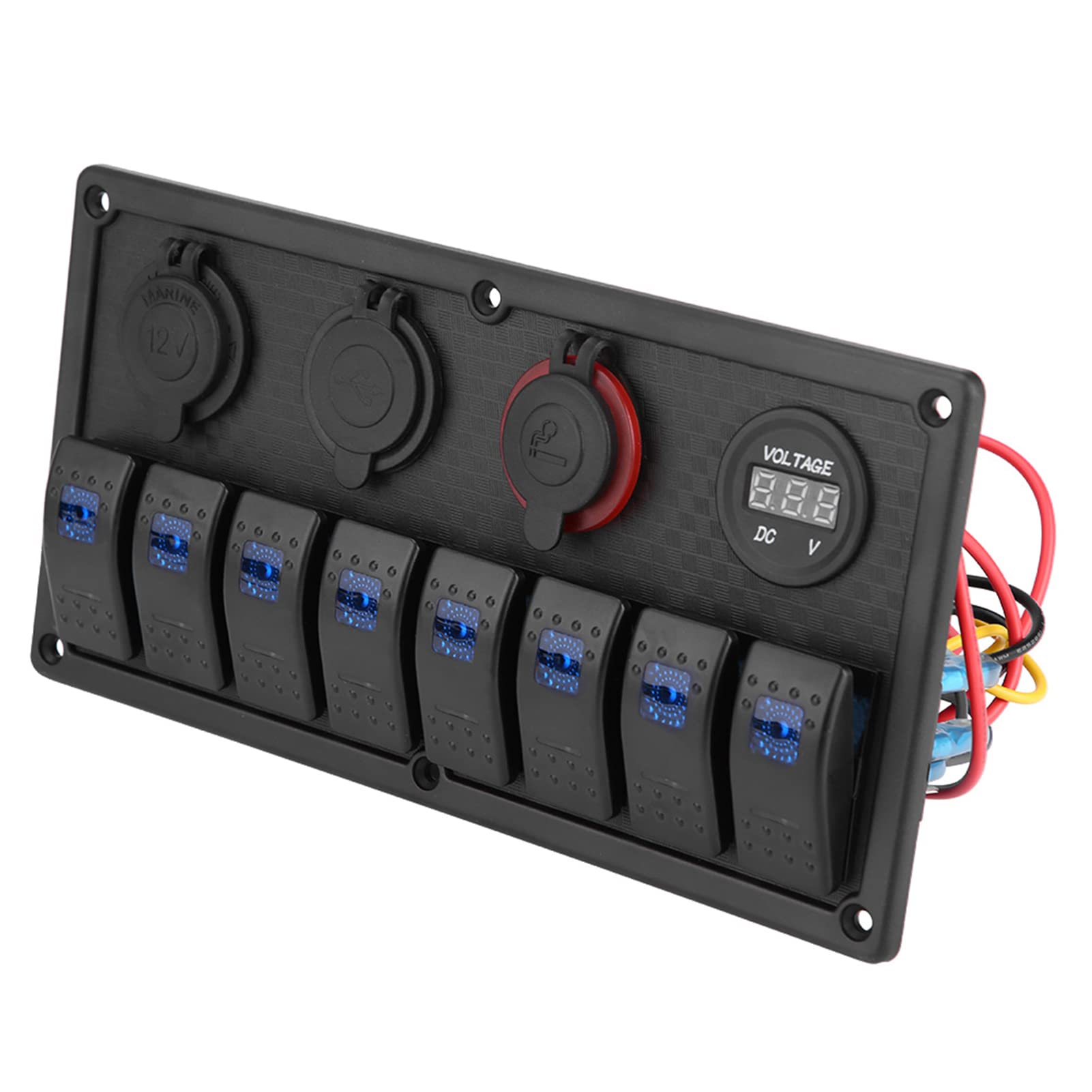 8 Gang DualVoltage LED Switch Control Panel with Dual USB Ports and Voltmeter for Cars and Boats