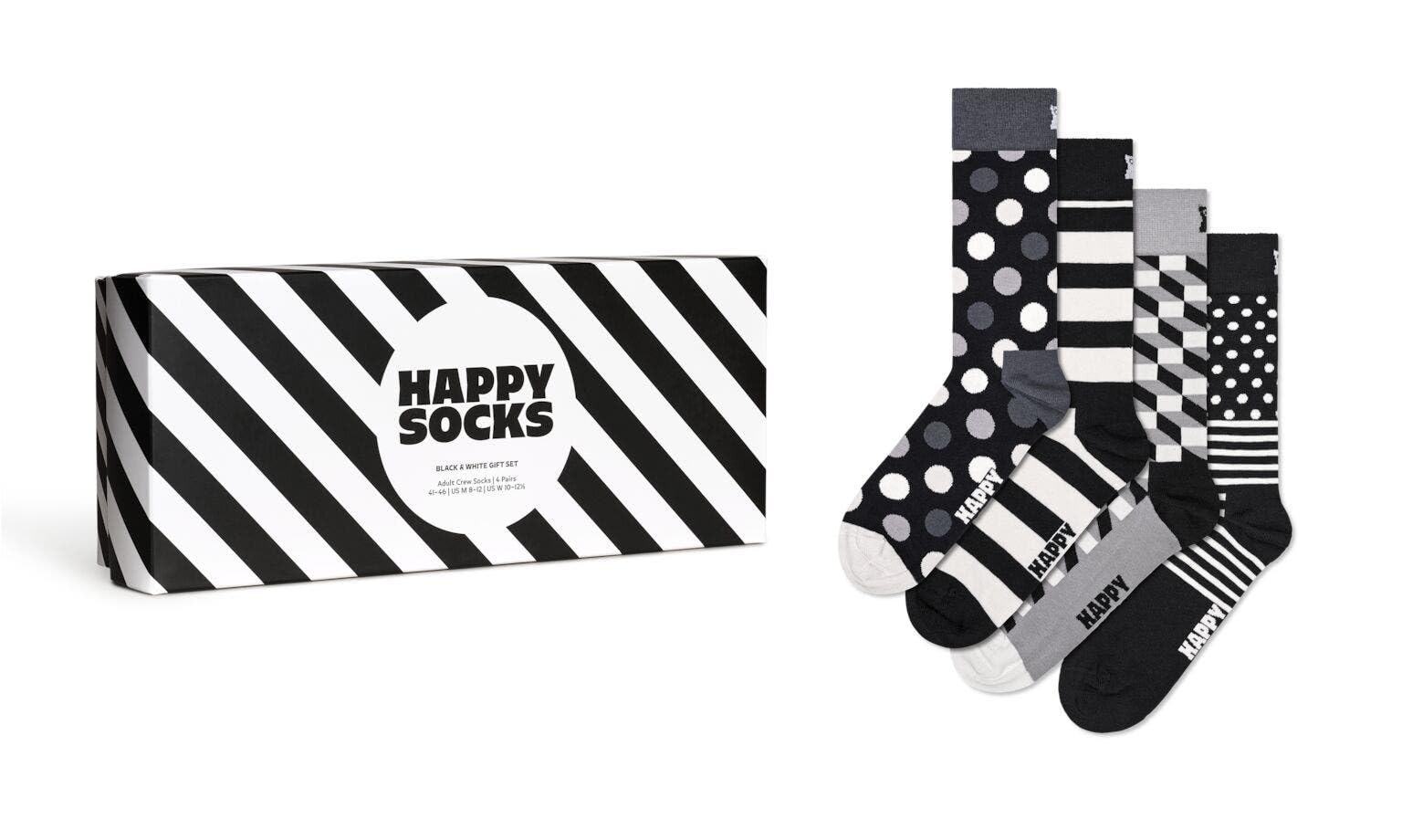 Happy Socks 4-Pack Classic Black & White Socks Gift Set Crew Socks Size-41-46