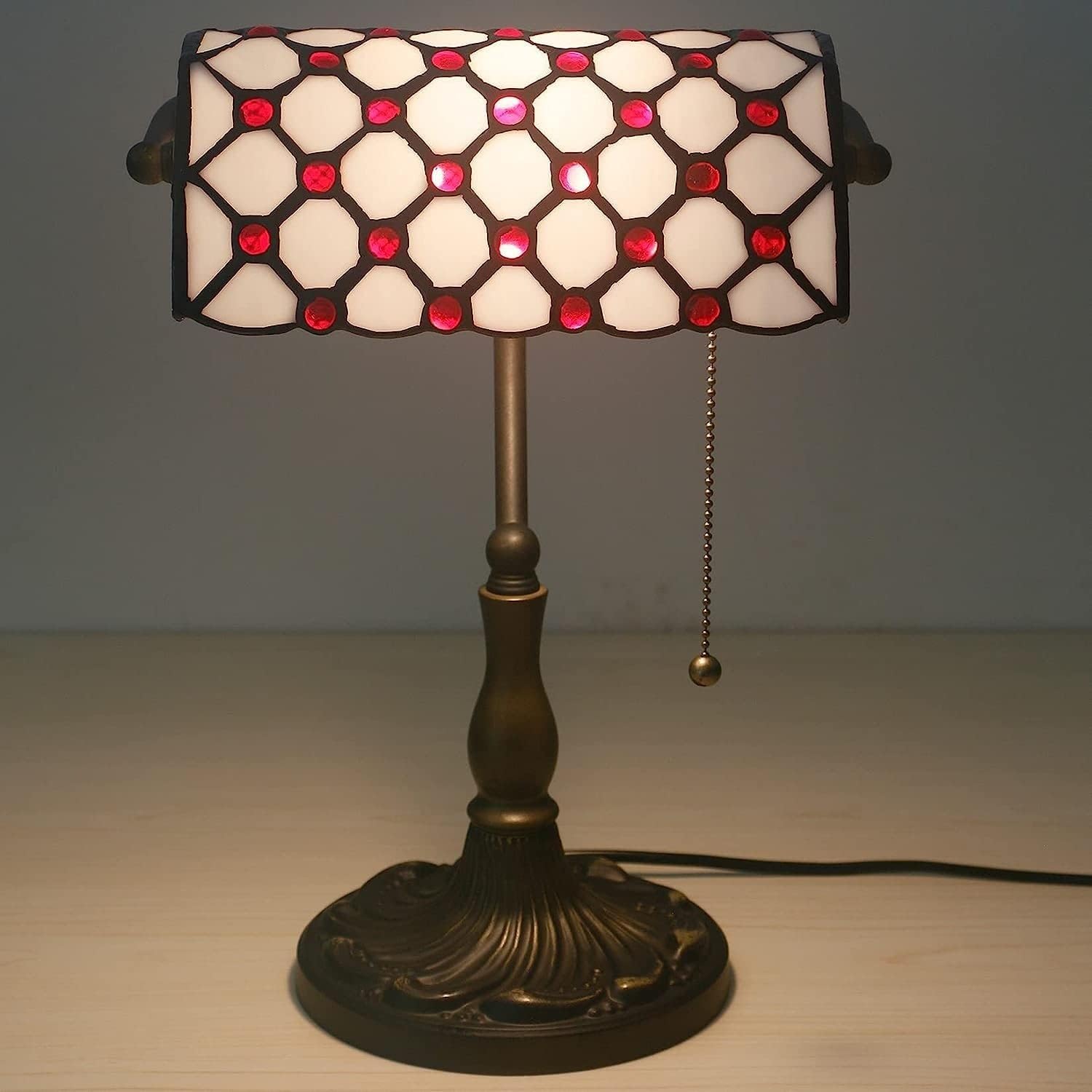 Bankiers Tischlampe, farbige Glaslampe, Kristallperlenschreibtischlampe, Schlafzimmer in der Nacht Leselampe (weißer rotes Glasperlen Schatten) Innovate
