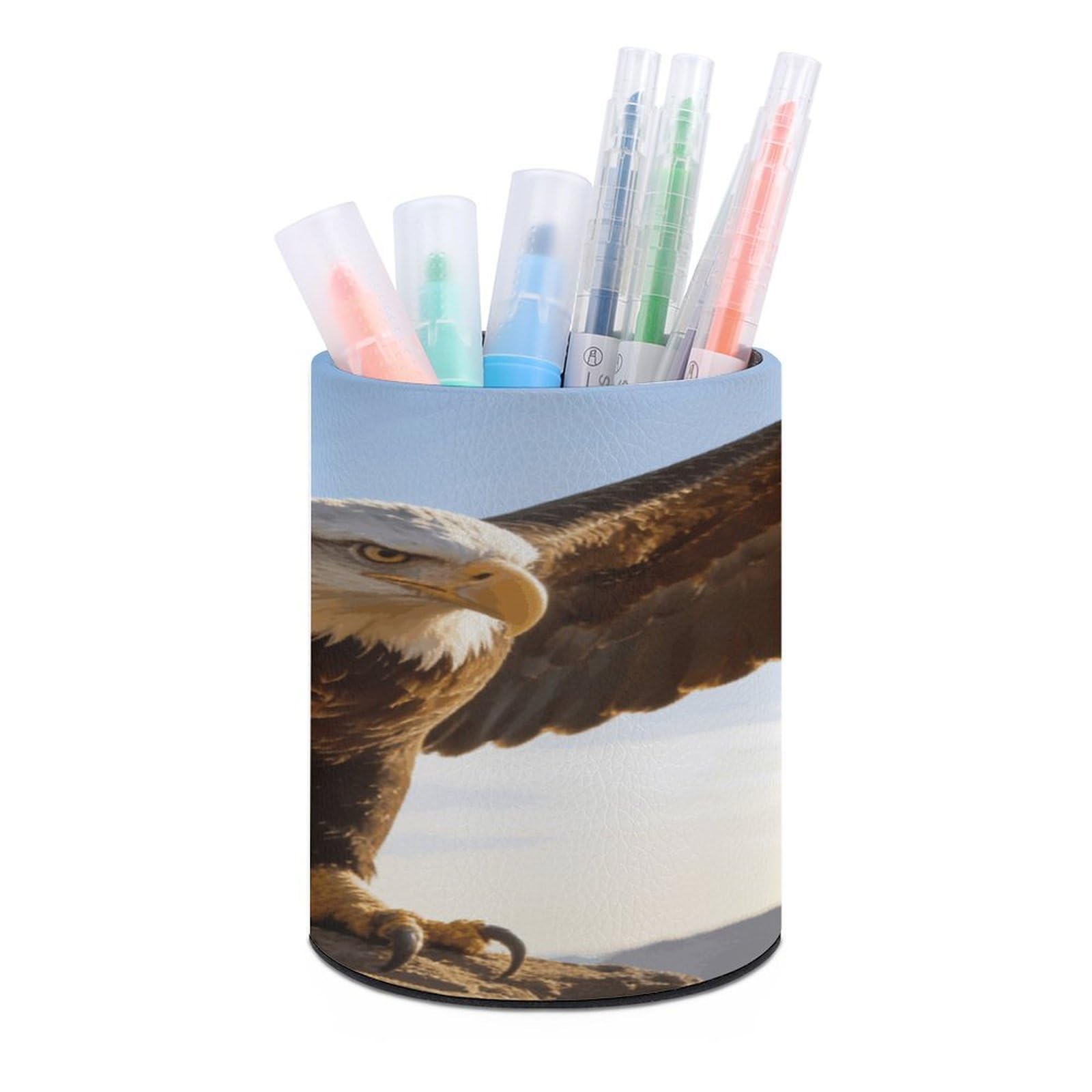 LZQPOEAS Fierce Eagle And National Flag Pen Holder for Desktop Organizer Storage Case Modern Minimalist Pen Cup Round Pencil Holder PU Leather Pencil Cup Multi-Functional Office Supplies for Home