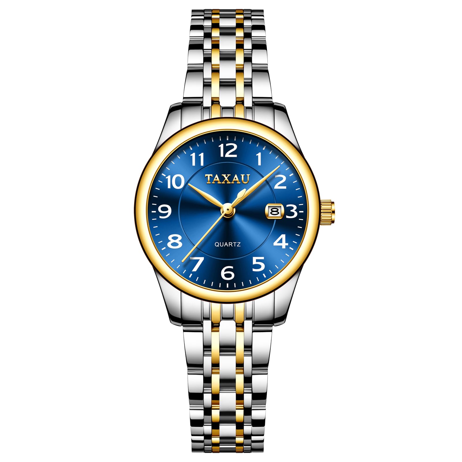 Taxau Womens Dress Watch Dainty Waterproof Watches for Women Analog Quartz Stainless Steel Ladies Watch Easy Read Day Date Two Tone Blue Face Womens Watches Small Wrists