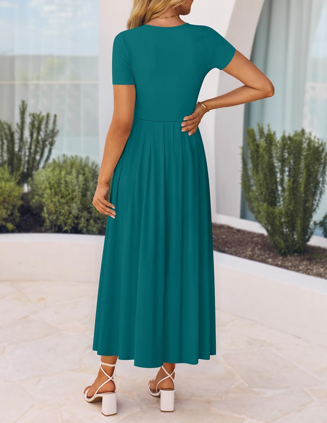 ZESICA Women's Summer Short Sleeve Maxi Dress 2026 Casual Crewneck Pleated A Line Flowy Long Dresses with Pockets - Image 3