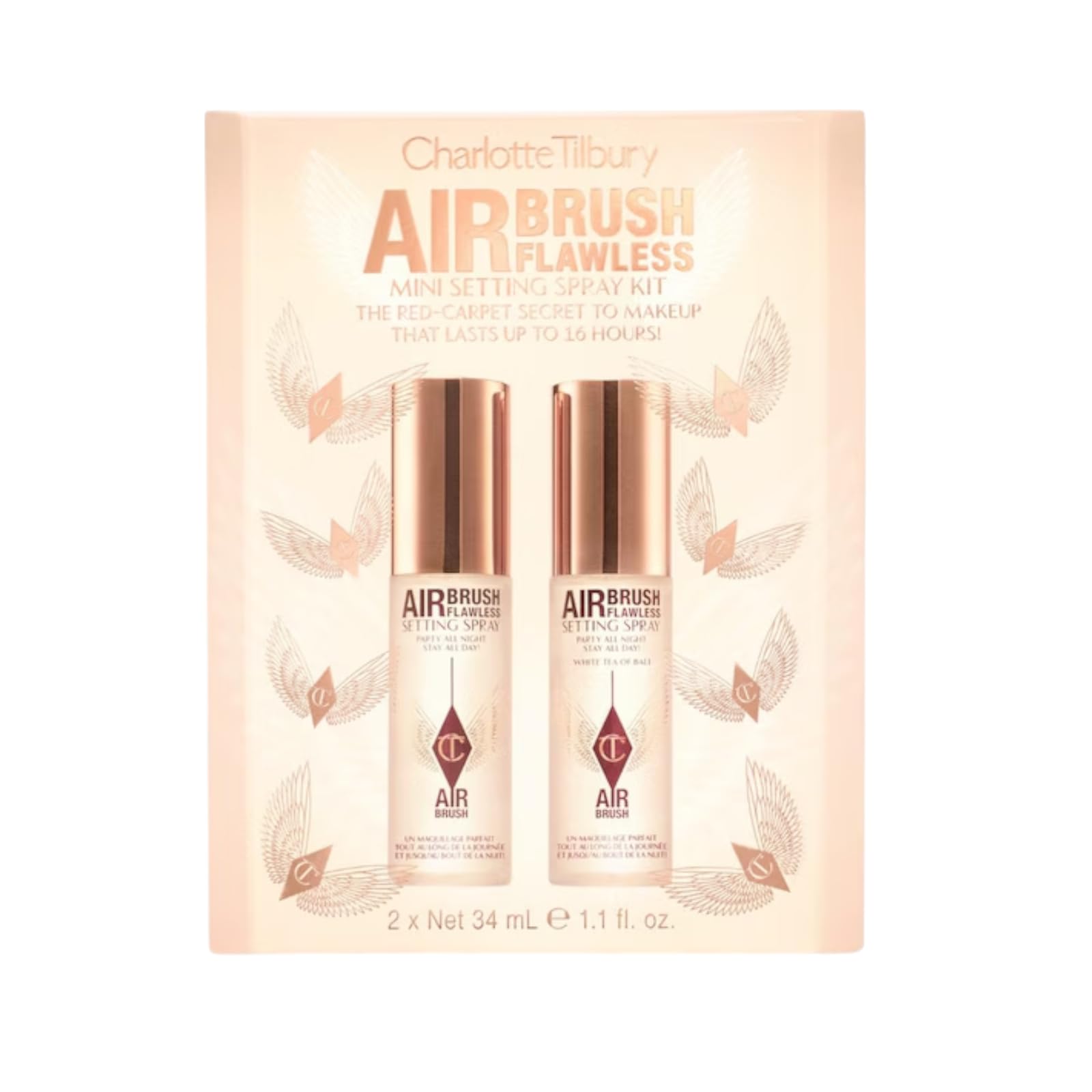 Charlotte Tilbury Airbrush Flawless Mini Setting Spray Kit, 2 x 34ml, Wasserfest, 16-Stunden-Halt, White Tea of Bali Duft, Mit Grüntee und Aloe Vera