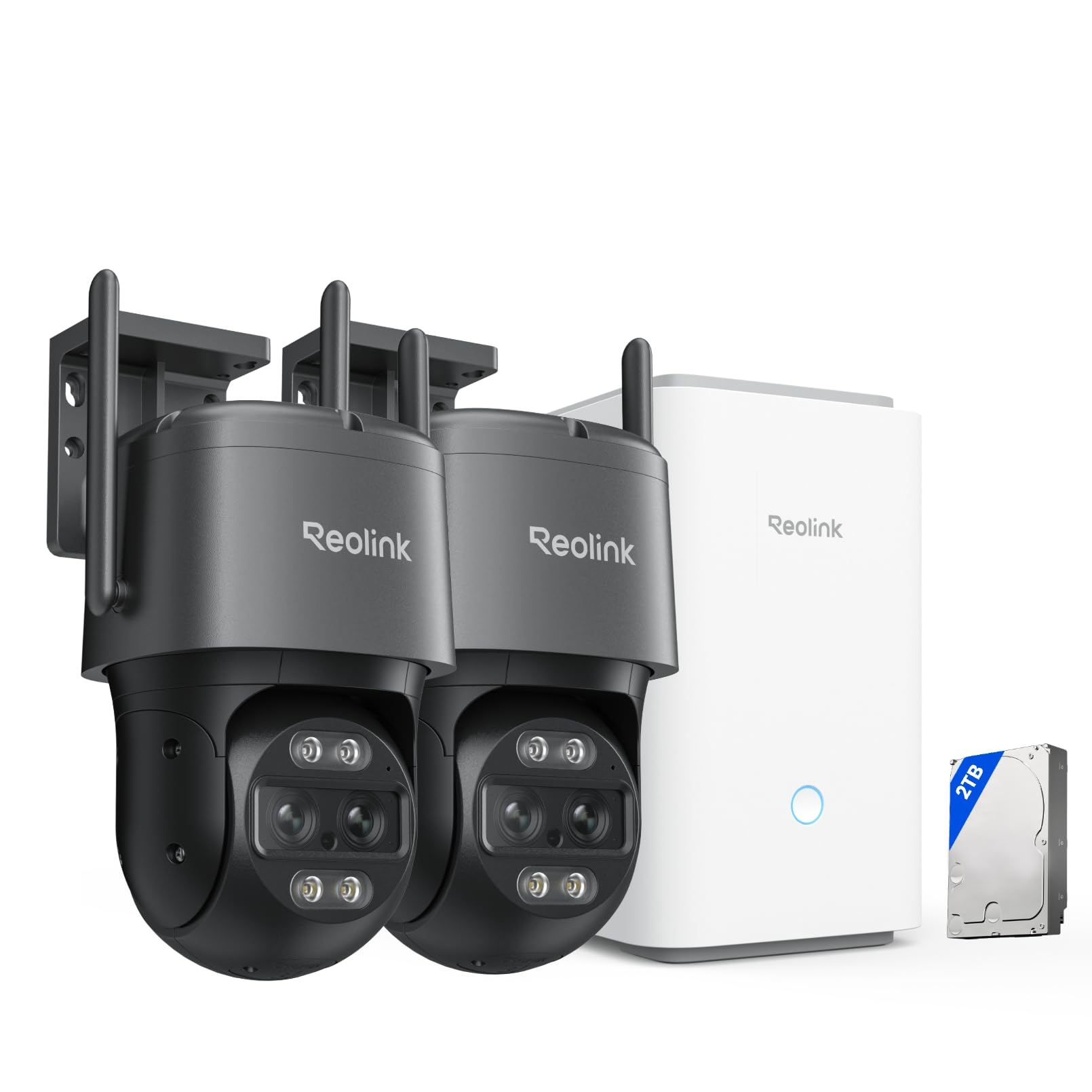 Reolink 4K 8MP Wi-Fi 6 PTZ Überwachungskamera Aussen Set, Auto-Tracking-Zoom, Dual-Objektiv, KI-Erkennung, Farbnachtsicht, Zentralisierte Steuerung, Home Hub Pro mit 2TB HDD + 2X TrackMix WiFi Grau
