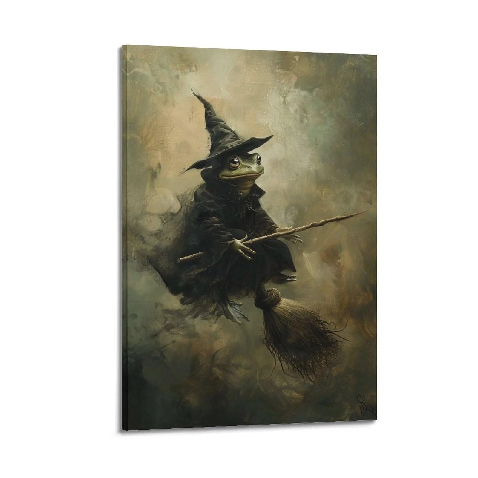 JUWRHRHHRH Frog Witch on Broomstick 02 Poster Canvas Aesthetic Wall Art Painting Decor for Living Room Bed Room 16x24inch Frame-style