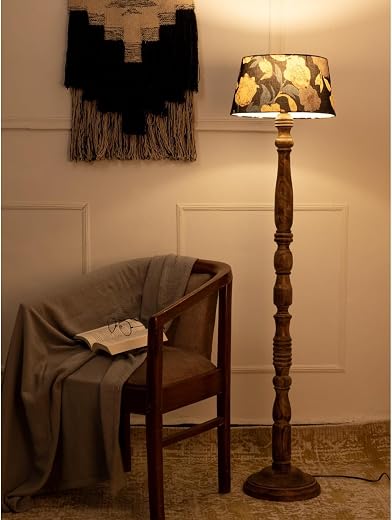 Green Girgit Wooden Brown Floor Lamp with Taper Black Floral Multicolor Lamp Shade Vintage Wooden Floor Lamp with Floral S...