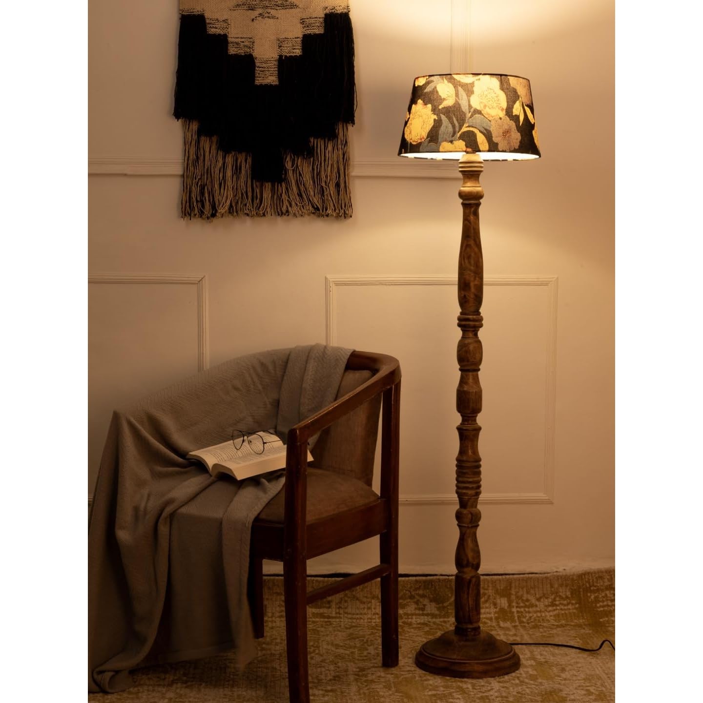 Green Girgit Wooden Brown Floor Lamp with Taper Black Floral Multicolor Lamp Shade Vintage Wooden Floor Lamp with Floral Shade, Carved Stand, Living Room Lighting (LED Bulb Included)-picture-13
