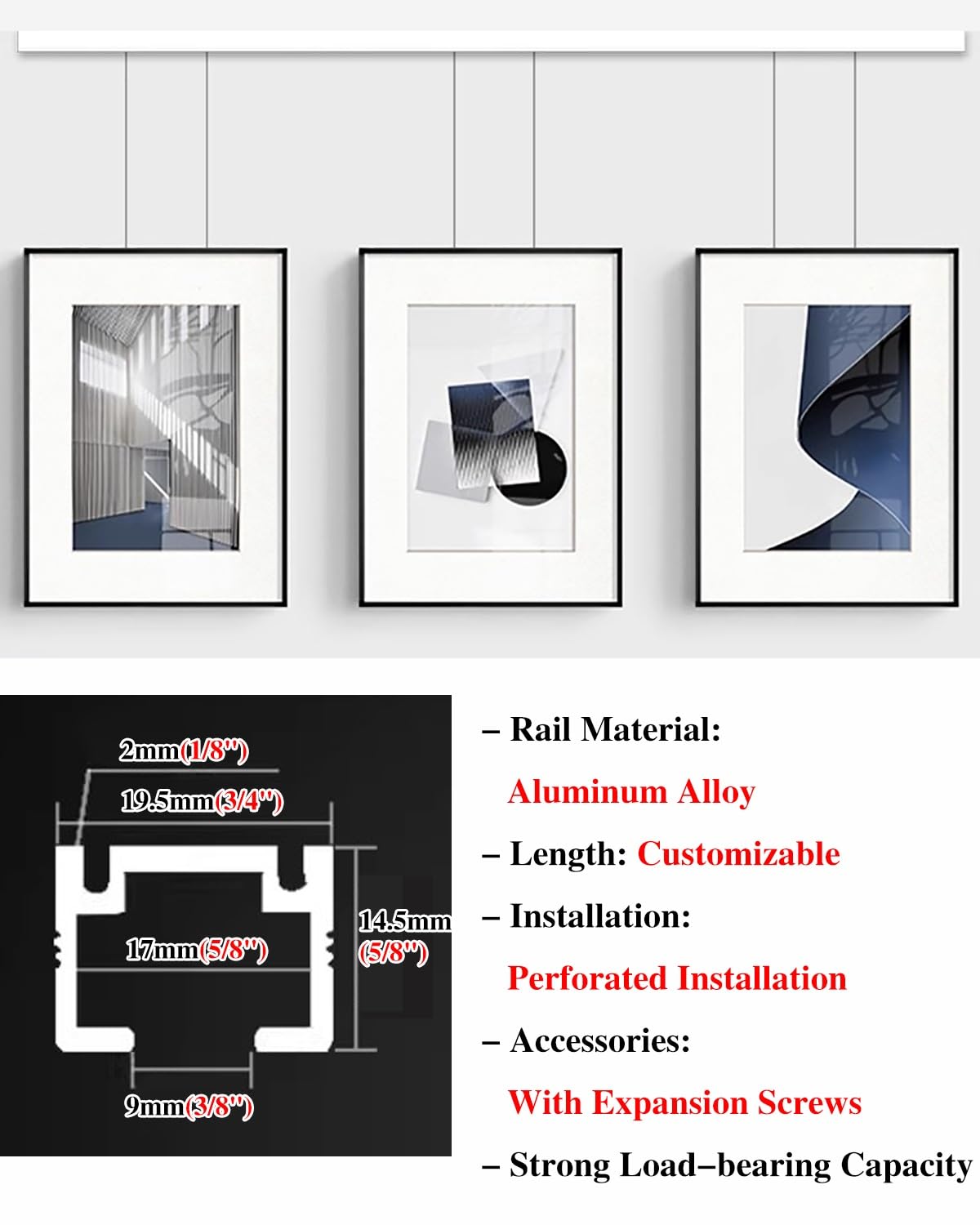 Cimaise Tableau Rail Réglable pour Tableaux (76, 102, 127, 152, 178 Cm), Système D'affichage Mural pour Galerie D'art, Kit D'exposition pour Cadres Suspendus, Flexible et Réglable(66"/167cm Track,6.5'