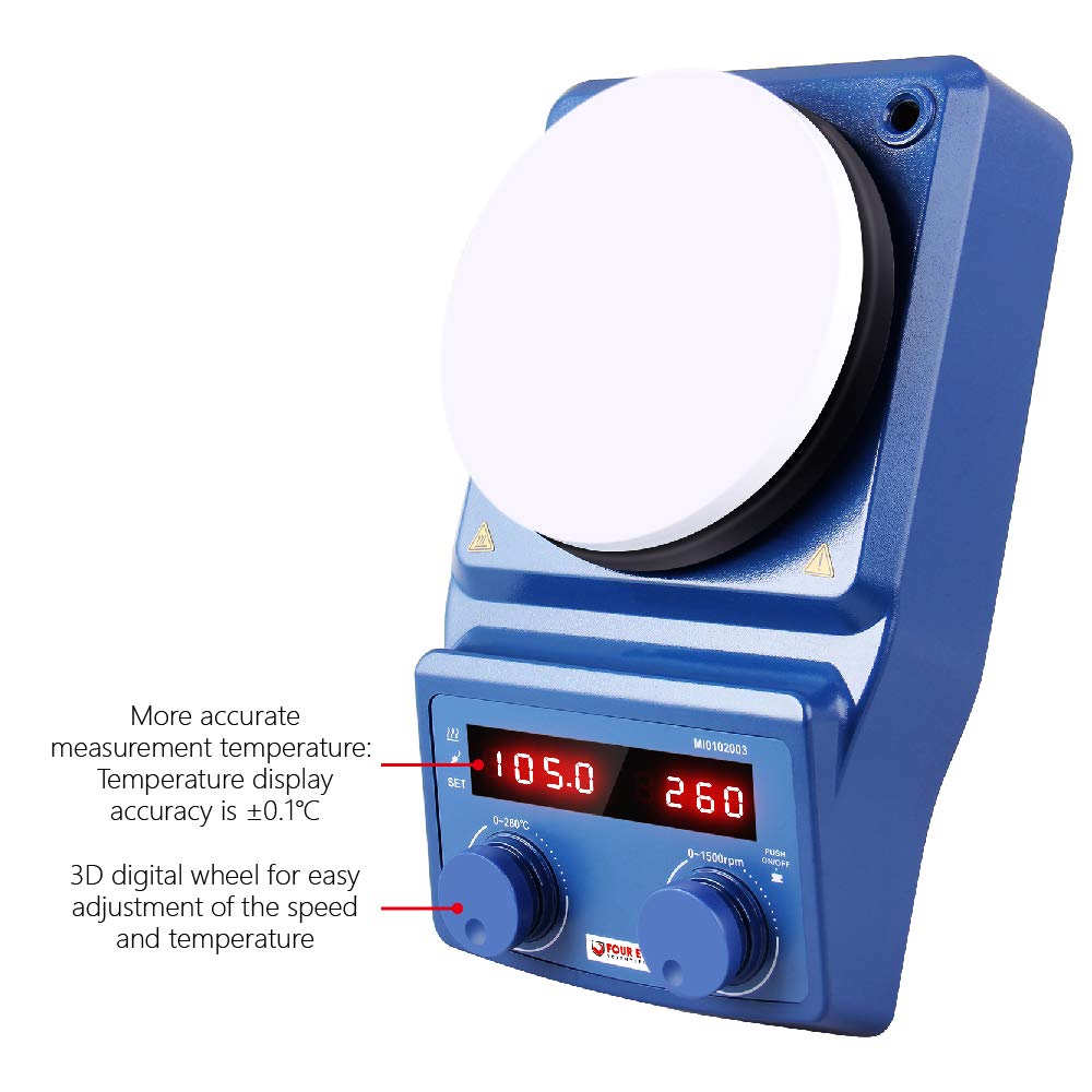 Mieszadło Magnetyczne z Płytą Grzejną 100-1500rpm Mieszadła Magnetyczne 280°C 5L, z Czujnikiem PT1000 Wyświetlacz LED 135mm Magnetic Stirrer with Hot Plate
