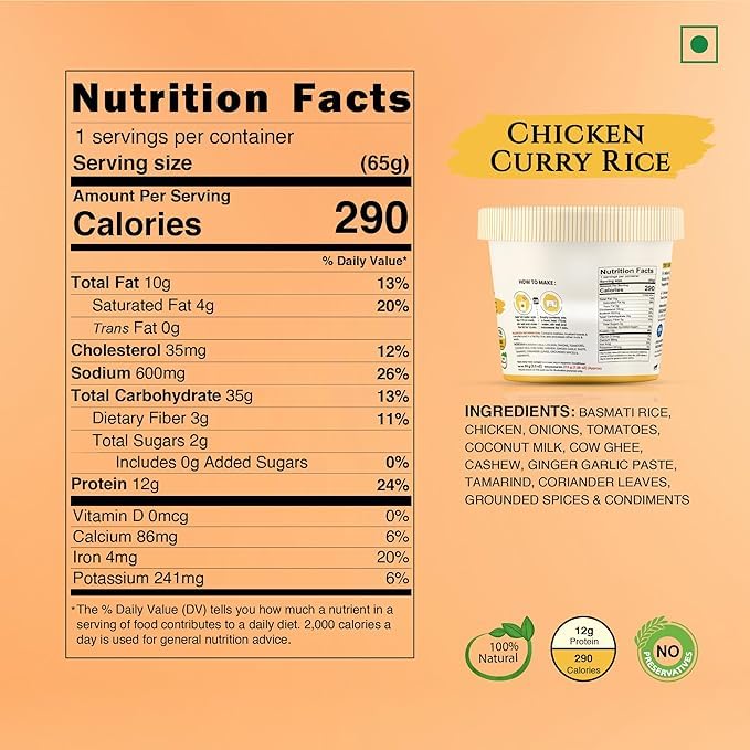 Image of Instabites Ready To Eat Chicken Curry Rice Cup 65 gms, No Added Preservatives and Ready to Eat in Minutes - Pack of 3