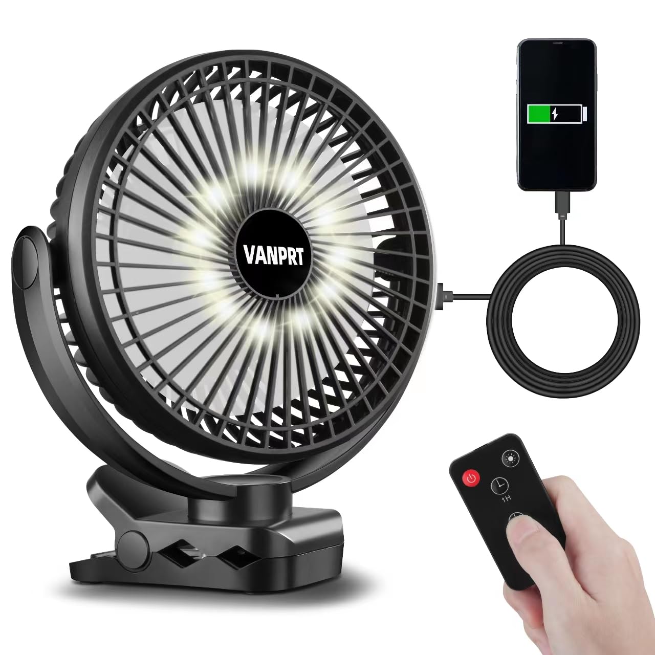 Ventola ricaricabile con clip da 20,3 cm, con telecomando, 10000 mAh, ventilatore portatile da campeggio, 3 velocità, max 40 ore di funzionamento, con luce LED e timer, rotazione di 720°,