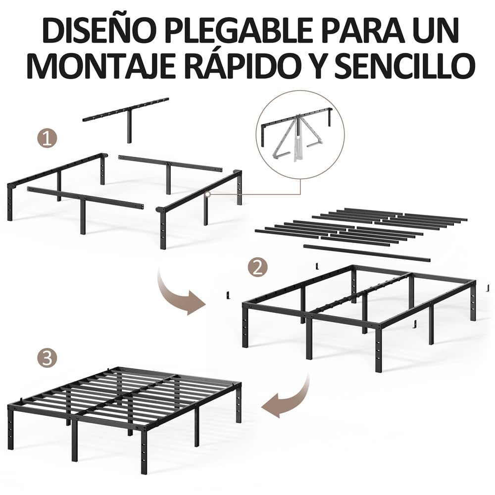 Yaheetech Bastidor de Cama Metálico 140x200x36cm Negro con Almacenamiento
