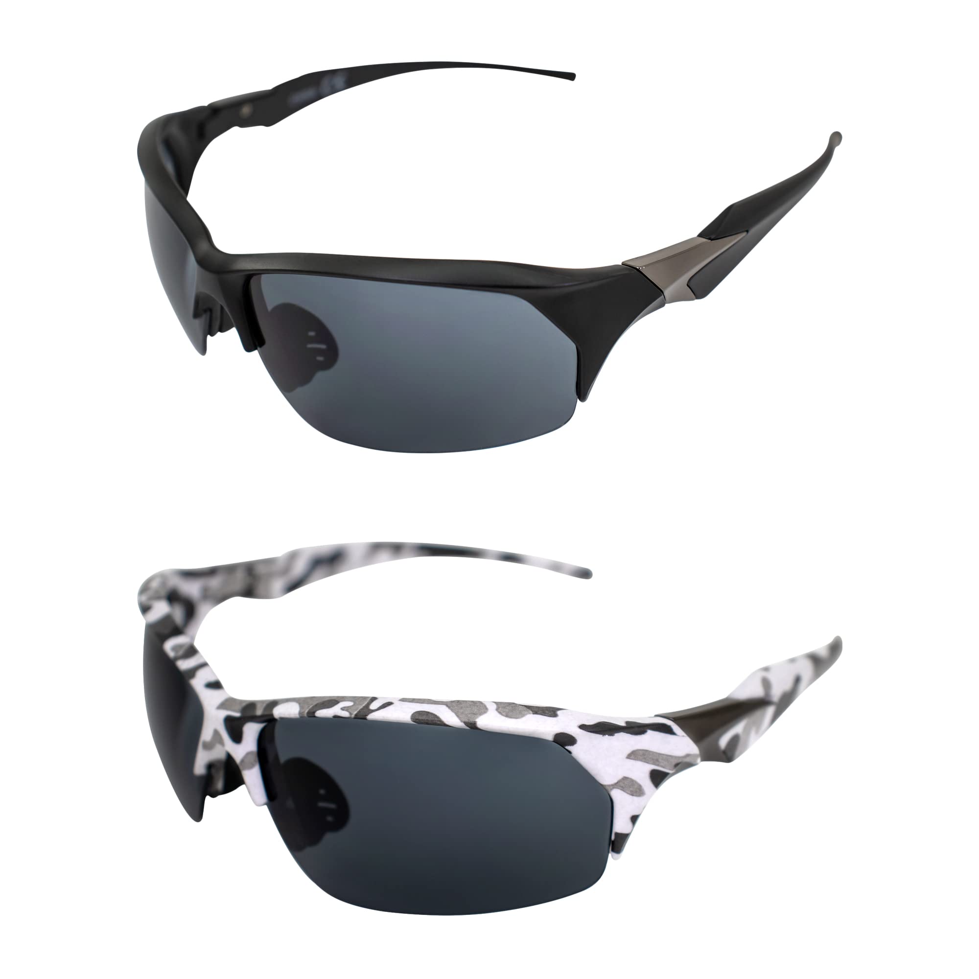AlterImage Pursuit Wraparound Sports & Motorcycle Retro Sunglasses for Men or Women 2 Pair Semi-Rimless Black & White Camo Frames w/Rubber Nose Pads & Smoke Lenses