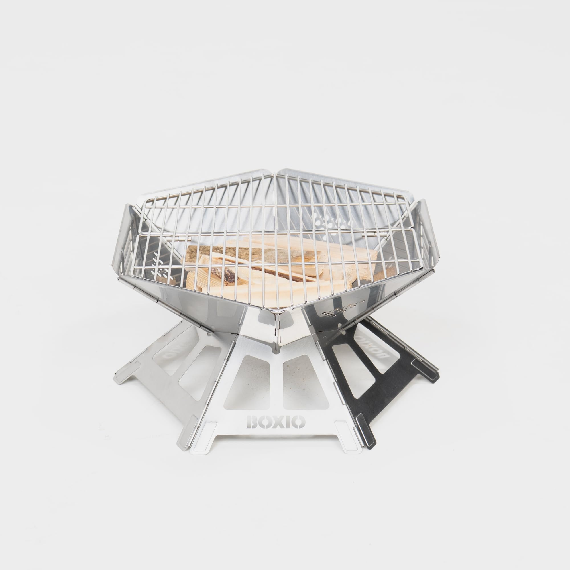 BOXIO - Fire : brasero en acier inoxydable avec grille de cuisson – Cheminée octogonale d'extérieur et barbecue de camping, petit brasero avec protection contre les étincelles, mini tonneau à feu et