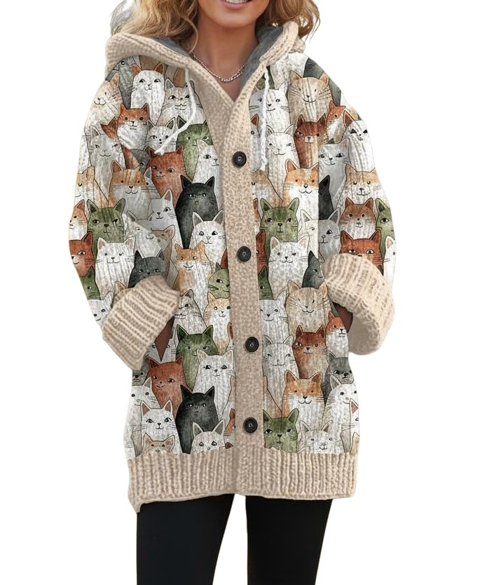 Womens Oversized Boho Hooded Fleece Lined Chunky Cardigan Sweaters Casual Knit Button Up Jackets Warm Coats for Women