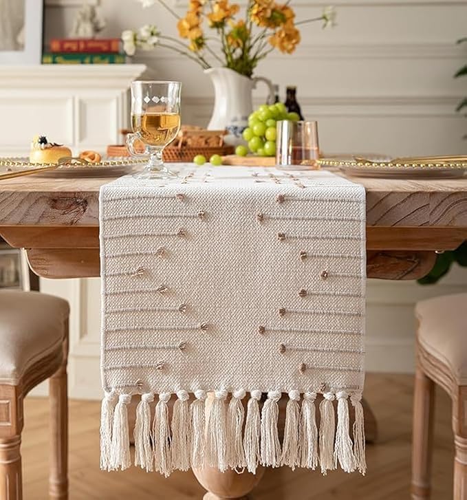 Image of Premium Boho Cotton Table Runner for 4 6 Seater Dining Table |Center Table |Coffee Table|Dining Table|Eating Area|Table Decor(14*72 INCHES)|Beige| SZPR 056
