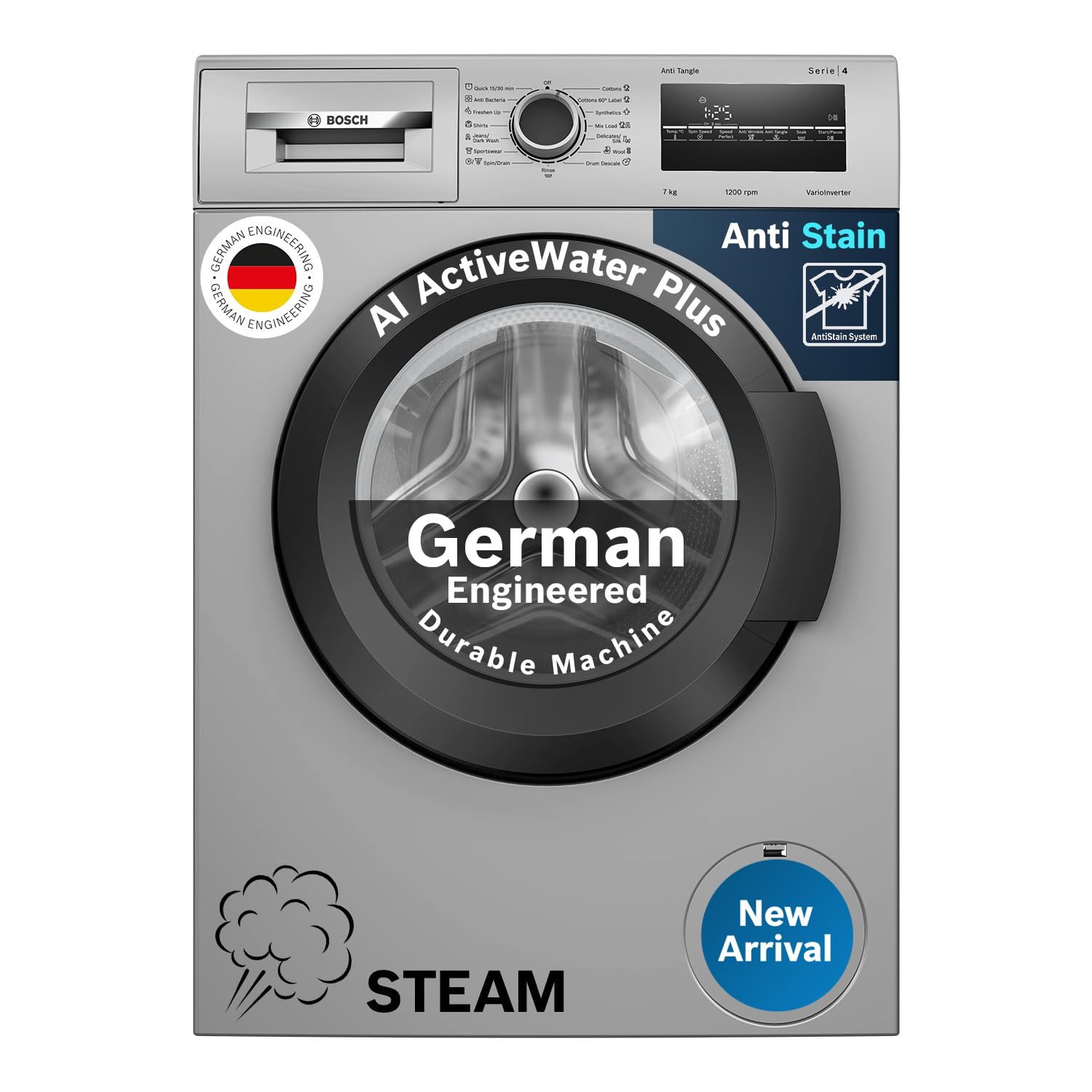 Bosch 7 kg 5 Star Fully-Automatic Front Loading Washing Machine (WAJ24266IN, Silver, AI active water plus, In-Built Heater, BLDC Inverter motor, Steam)