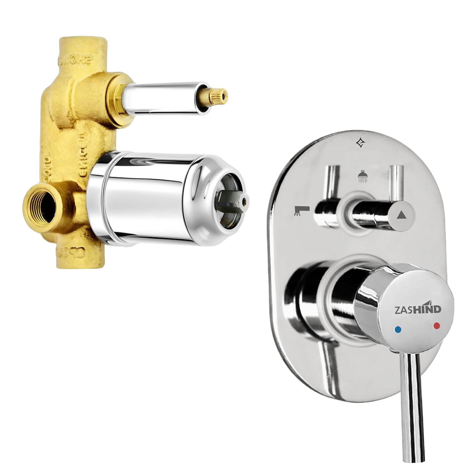ZASHIND Flair 4-Way Diverter 40mm with Brass Exposed Kit | High-Flow Single Lever 4-Way Concealed Diverter | Durable 40mm Cartridge for Bathroom & Shower Fixtures (Complete Set)